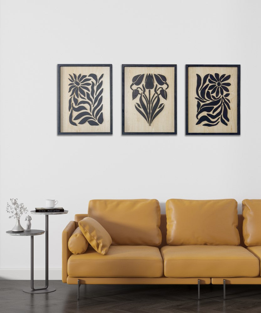 Çiçek 3'lü Set Soyut Ahşap Duvar Tablosu