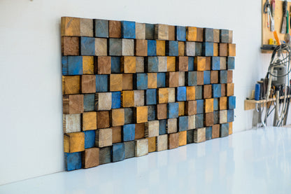Wood Wall Art – "OD Mustard" Mosaic Sculpture, Acoustic Panel