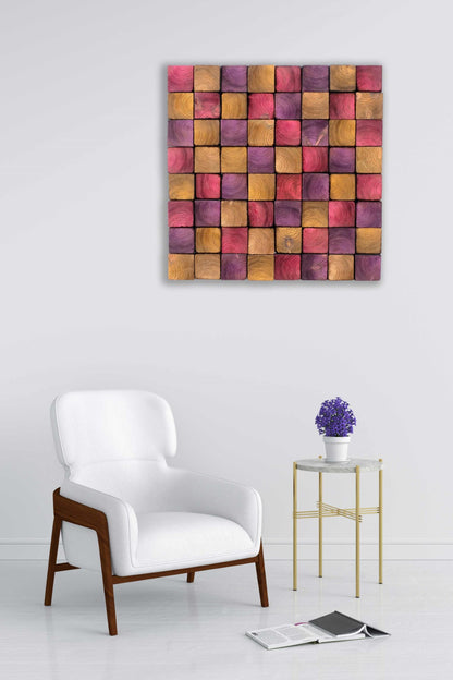 Wood Wall Art – "OD Pink" Mosaic Sculpture, Acoustic Panel